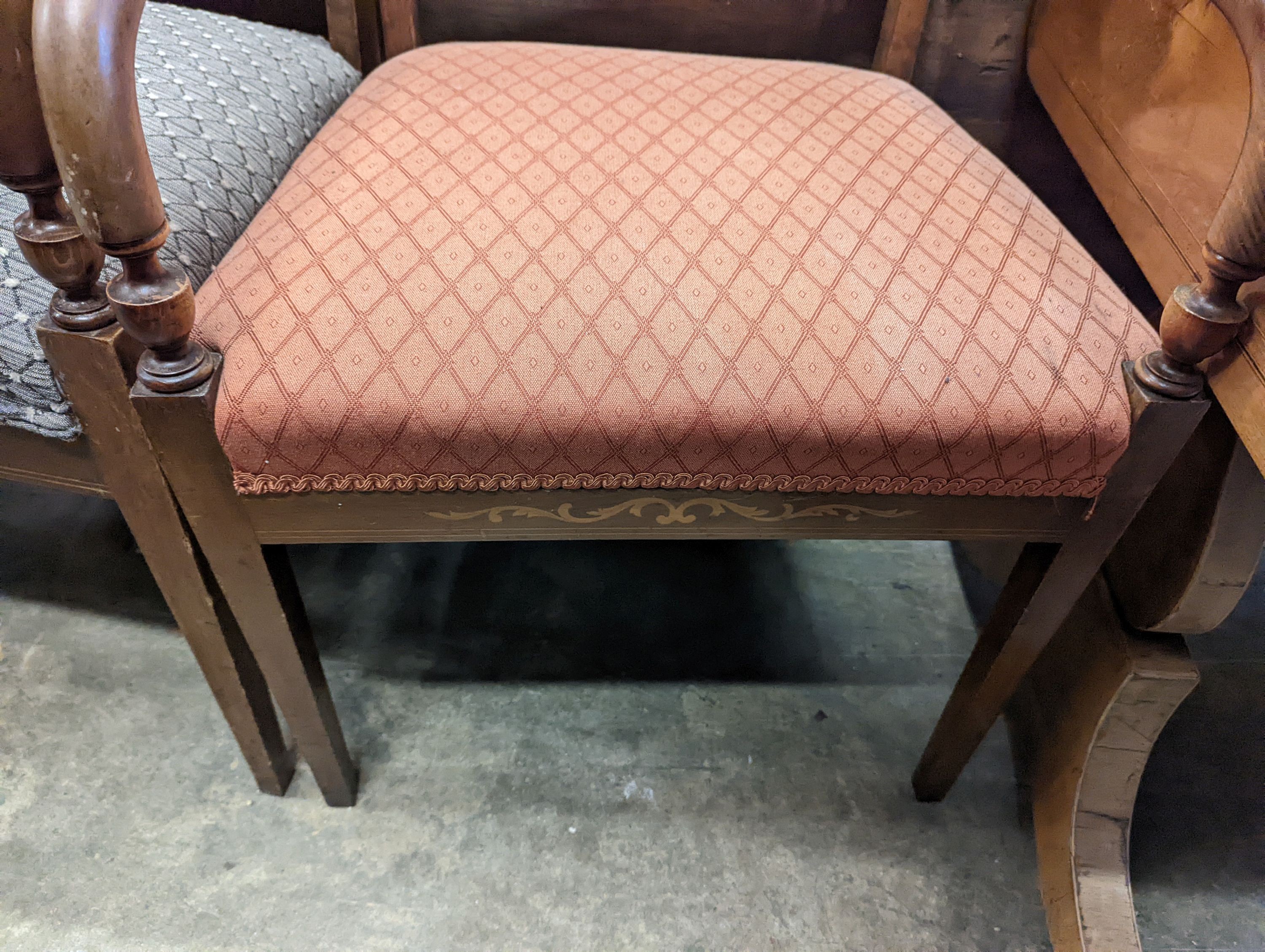 A pair of 19th century Danish marquetry inlaid mahogany desk chairs, width 55cm, depth 48cm, height 89cm